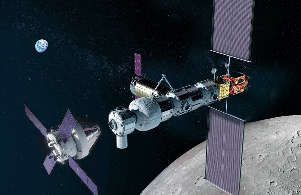 In this illustration, NASA's Orion spacecraft (left) approaches the Gateway in lunar orbit. — courtesy NASA