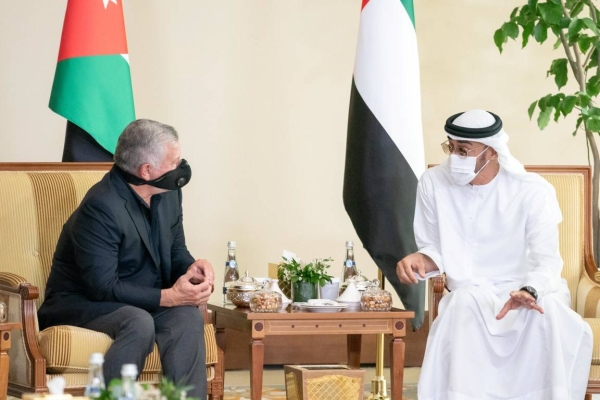 King Abdullah II of Jordan and Sheikh Mohamed Bin Zayed Al Nahyan, Crown Prince of Abu Dhabi, hold talks on Wednesday in Abu Dhabi. — WAM photo