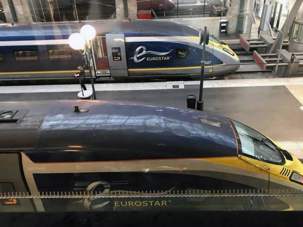 Eurostar trains at Gare du Nord platform.
