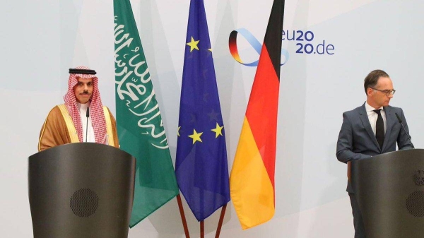 Saudi Foreign Minister Prince Faisal Bin Farhan and his German counterpart Heiko Maas at a meeting in Berlin, Wednesday. — Courtesy Twitter 