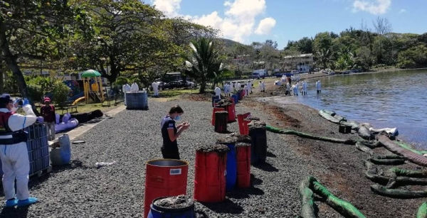 Staff from the International Organization for Migration (IOM) and experts assess the oil spill impact at Bois des Amourettes, Grand Port in Mauritius. — courtesy IOM
