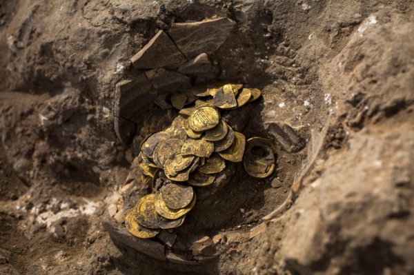 A hoard of gold coins discovered at an archaeological site in central Israel. — Courtesy photo
