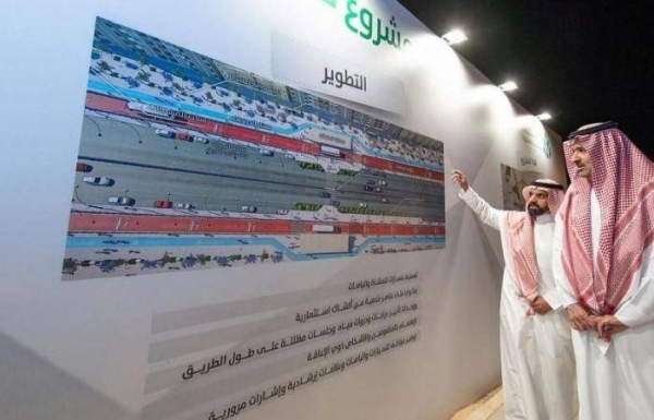 Emir of Madinah Province Prince Faisal Bin Salman gets a brief on the progress in the Uhud Avenue project, Friday evening. — SPA