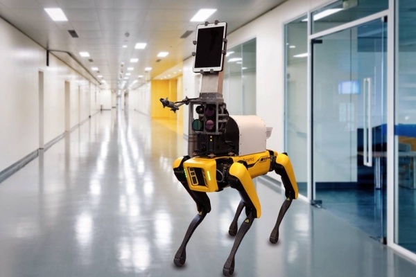 Using four cameras mounted on a dog-like robot developed by Boston Dynamics, the researchers have shown that they can measure skin temperature, breathing rate, pulse rate, and blood oxygen saturation in healthy patients, from a distance of 2 meters. — Courtesy of the researchers