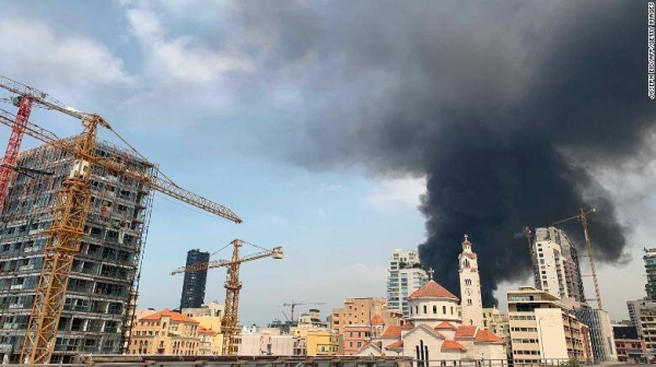 Smoke rises from a huge fire raging in Beirut port on Thursday. — Courtesy photo