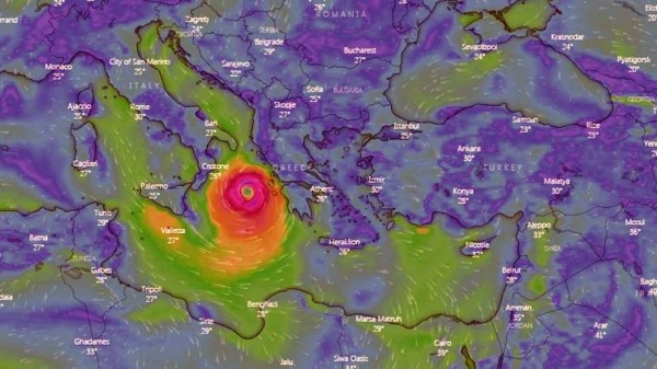 A satellite image shows Cyclone Ianos approaching Greece at 18h00 CET on Sept. 17, 2020. — courtesy: windy.com