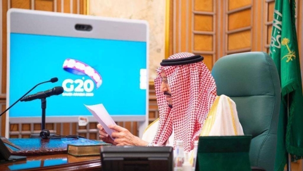 Custodian of the Two Holy Mosques King Salman, while chairing the Extraordinary G20 Leaders’ Summit on March.