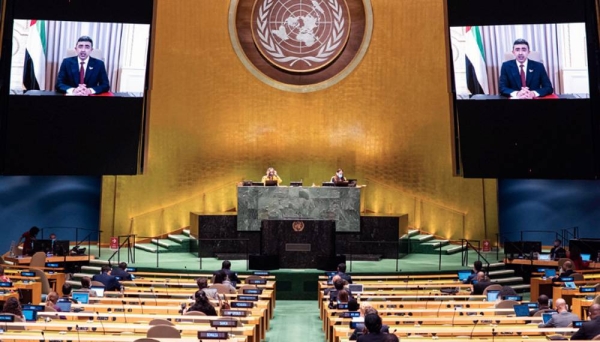 

Foreign Minister Sheikh Abdullah Bin Zayed Al Nahyan (on screen) of the United Arab Emirates addresses the general debate of the General Assembly’s seventy-fifth session. — courtesy UN Photo/Rick Bajornas