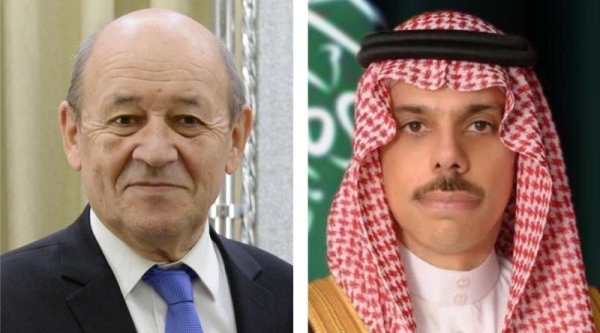 Saudi Arabia’s Foreign Minister Prince Faisal Bin Farhan, right, made a phone call on Monday with his French counterpart Jean-Yves Le Drian, who also serves as minister of Europe. 