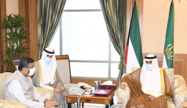 Kuwait Emir, Sheikh Nawaf Al-Ahmed Al-Jaber Al-Sabah meets with Indian Minister of Petroleum and Natural Gas Dharmendra Pradhan in Kuwait City.