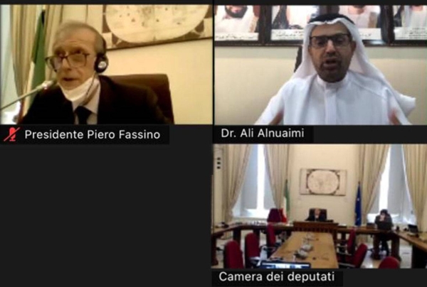 Dr. Ali Rashid Al Nuaimi, chairman of the defense, interior and foreign affairs committee of the Federal National Council (FNC) and Piero Fassino, chairman of the foreign affairs committee of the Italian Chamber of Deputies, remotely discussed the current relations between the United Arab Emirates and Italy. — WAM