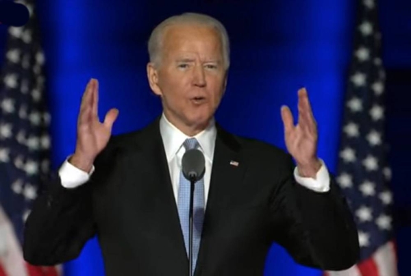 A video grab of President-elect Joe Biden as he gives his victory speech on Saturday in Wilmington, Delaware.