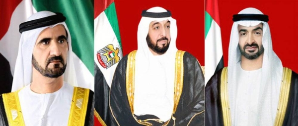 The combo photo shows from left: Sheikh Mohammed Bin Rashid Al Maktoum, Sheikh Khalifa Bin Zayed Al Nahyan and Sheikh Mohamed Bin Zayed Al Nahyan.