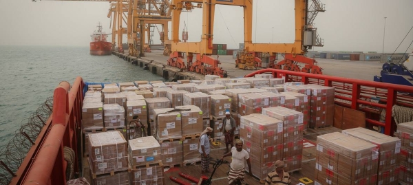 A ship berths in Hodeidah port and emergency humanitarian supplies sent by UNICEF are offloaded in this June 30, 2018 file picture. — Courtesy photo