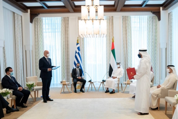  Greek Prime Minister Kyriakos Mitsotakis, who is on an official visit to the United Arab Emirates, met with Abu Dhabi Crown Prince Sheikh Mohamed bin Zayed here on Wednesday. — WAM photos