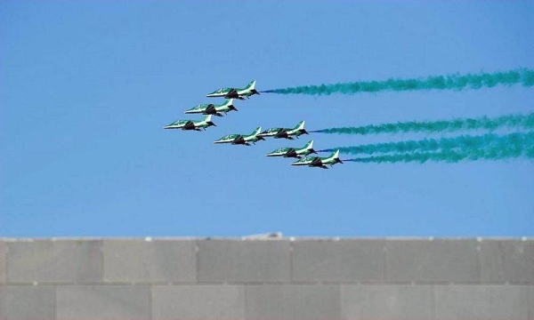 The Saudi Hawks and Saudi Airlines performed a joint air show in Riyadh on Saturday.