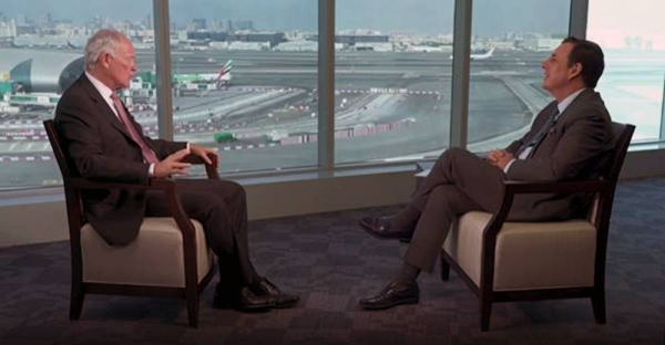 John Defterios, CNN Business Emerging Markets Editor, right, speaking to Emirates Airlines President Tim Clark.