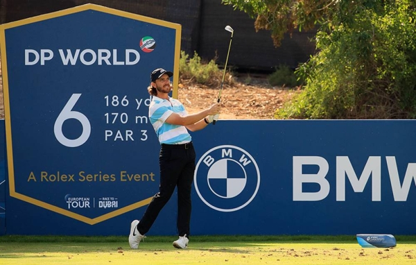 Victor Perez of France tees off on the 1st hole during Day One of the DP World Tour Championship at Jumeirah Golf Estates on Dec. 10, 2020 in Dubai, United Arab Emirates. (Photo by Andrew Redington)