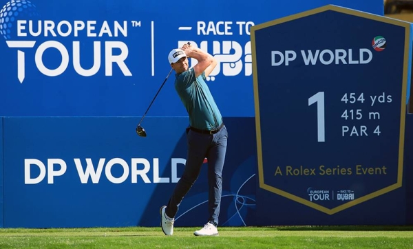 Victor Perez of France tees off on the 1st hole during Day One of the DP World Tour Championship at Jumeirah Golf Estates on Dec. 10, 2020 in Dubai, United Arab Emirates. (Photo by Andrew Redington)