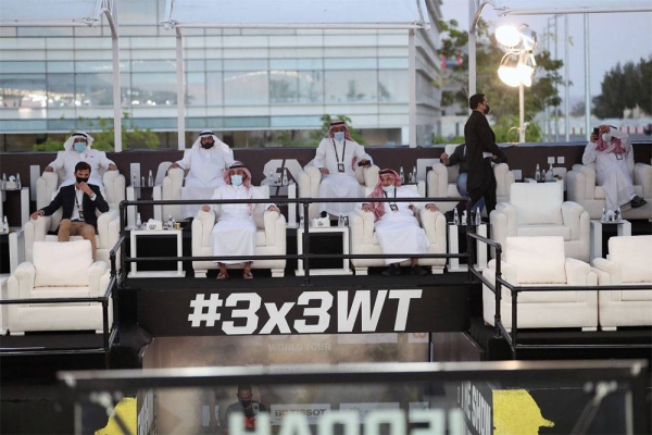 Minister of Sports Prince Abdulaziz Bin Turki Al-Faisal with Abdulrahman Al-Masaad and Ignacio Soriano, FIBA 3x3 Head of events and partnerships.