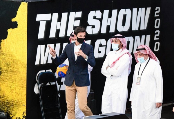 Minister of Sports Prince Abdulaziz Bin Turki Al-Faisal with Abdulrahman Al-Masaad and Ignacio Soriano, FIBA 3x3 Head of events and partnerships.