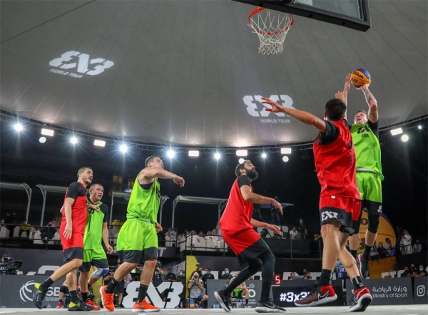 Minister of Sports Prince Abdulaziz Bin Turki Al-Faisal with Abdulrahman Al-Masaad and Ignacio Soriano, FIBA 3x3 Head of events and partnerships.