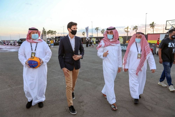 Minister of Sports Prince Abdulaziz Bin Turki Al-Faisal with Abdulrahman Al-Masaad and Ignacio Soriano, FIBA 3x3 Head of events and partnerships.