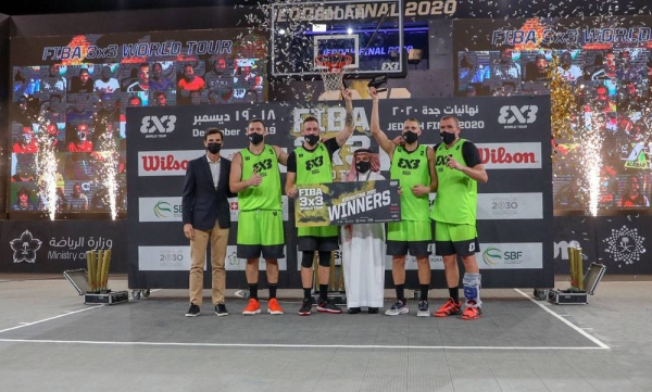 Minister of Sports Prince Abdulaziz Bin Turki Al-Faisal with Abdulrahman Al-Masaad and Ignacio Soriano, FIBA 3x3 Head of events and partnerships.