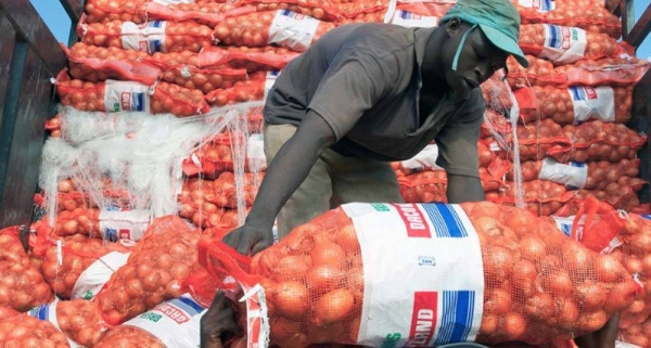 Men unload sacks of onions from a truck in Bamako, Mali, a landlocked developing country. Their lack of direct access to the vital trade links often result in landlocked countries paying high transport and transit costs. — courtesy World Bank/Dominic Chavez