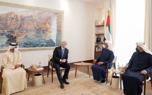 Abu Dhabi Crown Prince Sheikh Mohamed Bin Zayed Al Nahyan, deputy supreme commander of the UAE armed forces, received Monday President of the International Federation of Association Football (FIFA) Gianni Infantino at the Beach Palace.