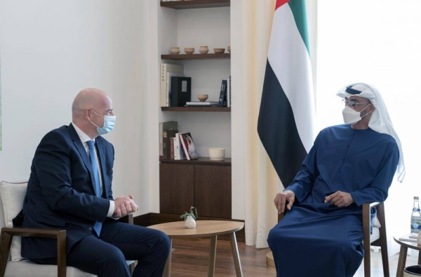 Abu Dhabi Crown Prince Sheikh Mohamed Bin Zayed Al Nahyan, deputy supreme commander of the UAE armed forces, received Monday President of the International Federation of Association Football (FIFA) Gianni Infantino at the Beach Palace.
