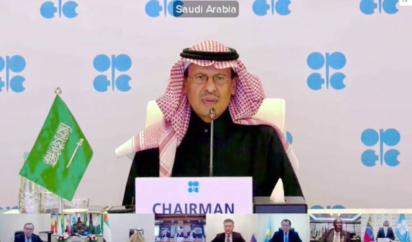 Energy Minister Prince Abdulaziz Bin Salman, chairman of the OPEC and non-OPEC Ministerial Meeting, making his opening remarks in the Monday meet via videoconference.