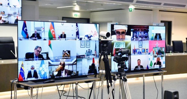 Energy Minister Prince Abdulaziz Bin Salman, chairman of the OPEC and non-OPEC Ministerial Meeting, making his opening remarks in the Monday meet via videoconference.