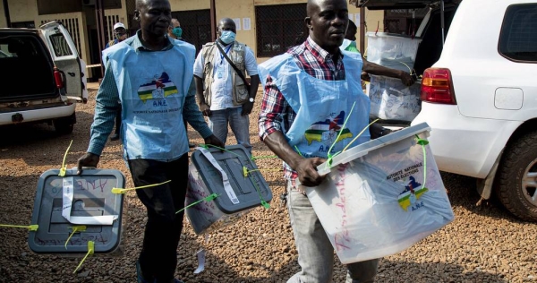 

Poll workers carry ballot boxes during the Dec. 27, 2020 presidential elections in the Central African Republic. — courtesy MINUSCA/Leonel Grothe