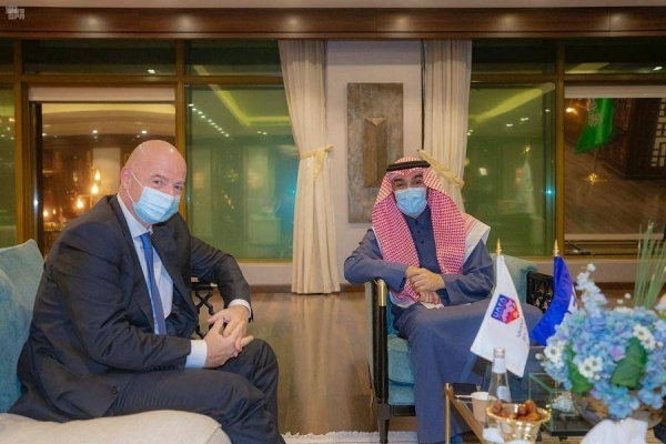  Minister of Sports Prince Abdulaziz Bin Turki Al-Faisal, who is also the chairman of the Saudi Arabian Olympic Committee, held talks here on Wednesday with the President of the International Federation of Association Football (FIFA) Gianni Infantino. — SPA photos
