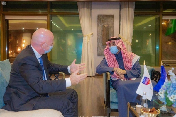  Minister of Sports Prince Abdulaziz Bin Turki Al-Faisal, who is also the chairman of the Saudi Arabian Olympic Committee, held talks here on Wednesday with the President of the International Federation of Association Football (FIFA) Gianni Infantino. — SPA photos
