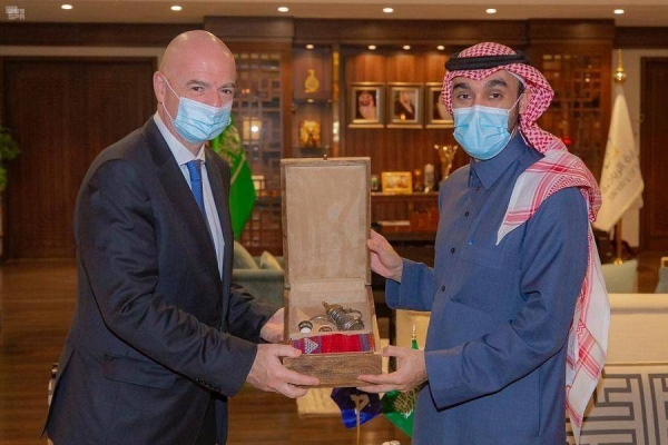  Minister of Sports Prince Abdulaziz Bin Turki Al-Faisal, who is also the chairman of the Saudi Arabian Olympic Committee, held talks here on Wednesday with the President of the International Federation of Association Football (FIFA) Gianni Infantino. — SPA photos
