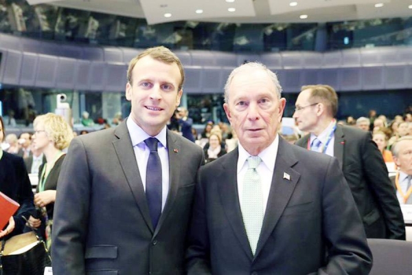 French President Emmanuel Macron, seen with Mike Bloomberg at the One Planet Summit on Monday in Paris, announced that the High Ambition Coalition for Nature and People has been joined by 50 countries. — courtesy Twitter