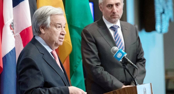 Secretary-General António Guterres briefs reporters at UN Headquarters last February. Alongside him is UN Spokesperson, Stéphane Dujarric (file photo). — courtesy UN Photo/Evan Schneider