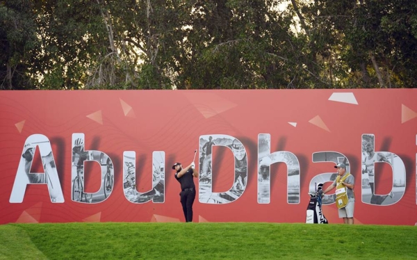 Tyrrell Hatton of England tees off on the 8th hole during Day 2 of the Abu Dhabi HSBC Championship at Abu Dhabi Golf Club on Friday in Abu Dhabi, United Arab Emirates. (Photo by Ross Kinnaird)