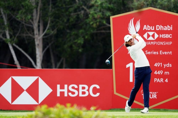 Tyrrell Hatton of England tees off on the 8th hole during Day 2 of the Abu Dhabi HSBC Championship at Abu Dhabi Golf Club on Friday in Abu Dhabi, United Arab Emirates. (Photo by Ross Kinnaird)