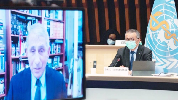 Dr. Anthony Fauci (on screen) and Dr. Tedros Adhanom Ghebreyesus at the WHO Executive Board Meeting. — courtesy WHO
