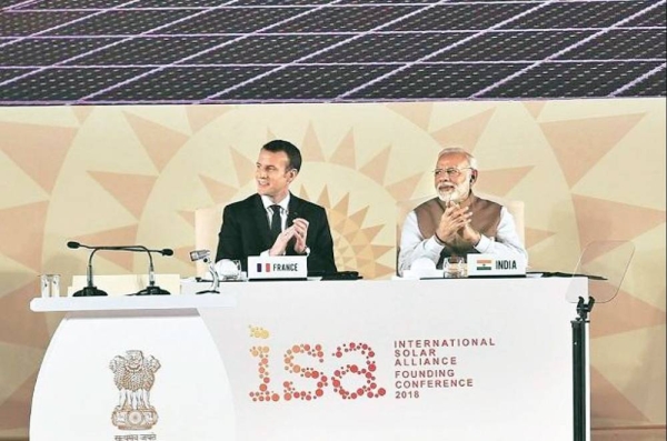 File photo shows Indian Prime Minister Narendra Modi and French President Emmanuel Macron at the International Solar Alliance meet.