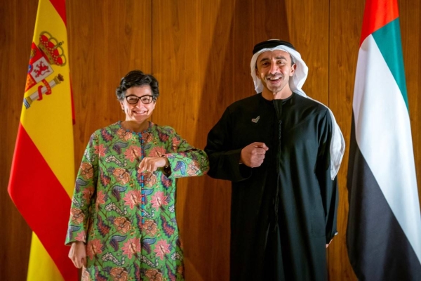 Foreign Minister of the United Arab Emirates Sheikh Abdullah bin Zayed Al Nahyan, right, met on Sunday with his Spanish counterpart Arancha González Laya. — WAM photos