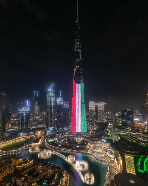 Sharing the joy of celebrating the 60th National Day of Kuwait on Feb. 25, Dubai’s landmarks lit up in the colors of the Kuwaiti flag. The celebrations in Dubai affirmed the deep and strong fraternal ties between the United Arab Emirates and Kuwait, as well as their shared history, heritage, and culture. — WAM photo