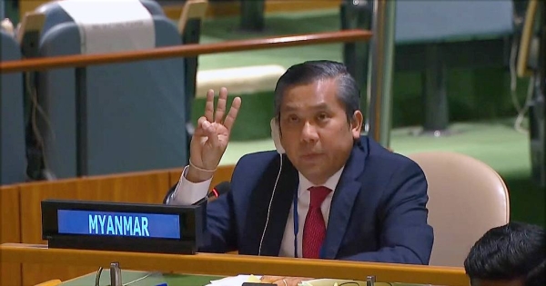 Permanent Representative of Myanmar to the UN, Ambassador Kyaw Moe Tun ended his General Assembly address on Friday denouncing the Feb. 1 coup, with a three-fingered salute used by protesters. — courtesy UN WebTV