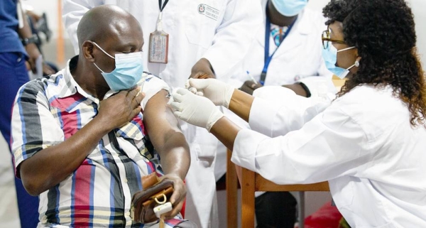 A man in Abidjan, Côte d'Ivoire, receives a COVID-19 vaccination as part of the rollout of COVAX in Africa. — courtesy UNICEF