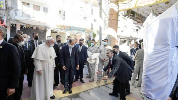 Pope Francis arrives for a courtesy visit with Grand Ayatollah Ali Al-Sistani. — courtesy Vatican Media