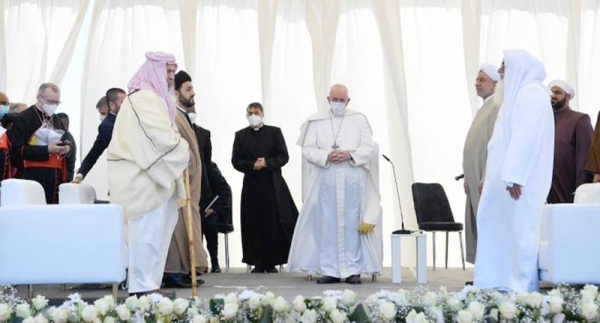 Pope Francis urges Abrahamic religions to pursue path of peace in Iraq during an interfaith meet in Ur, Iraq. — courtesy Vatican