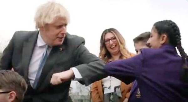 British Prime Minister Boris Johnson shares some moments with schoolchildren of the St Mary’s Church of England Primary School in Stoke-on-Trent on Saturday.